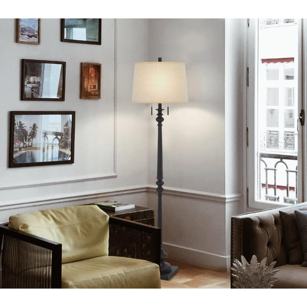 60W x 2 Torrington resin floor lamp with pull chain switch and hardback linen shade