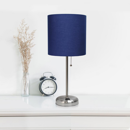 LimeLights Stick Lamp with Charging Outlet and Fabric Shade, Navy