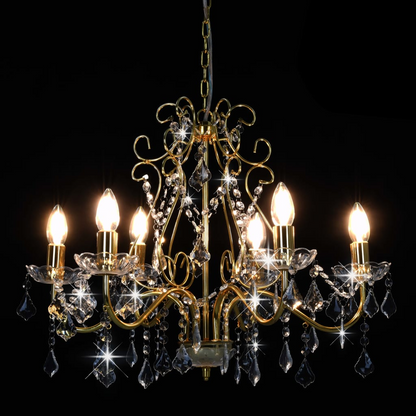 vidaXL Chandelier with Crystal Beads Golden Round 6 x E14