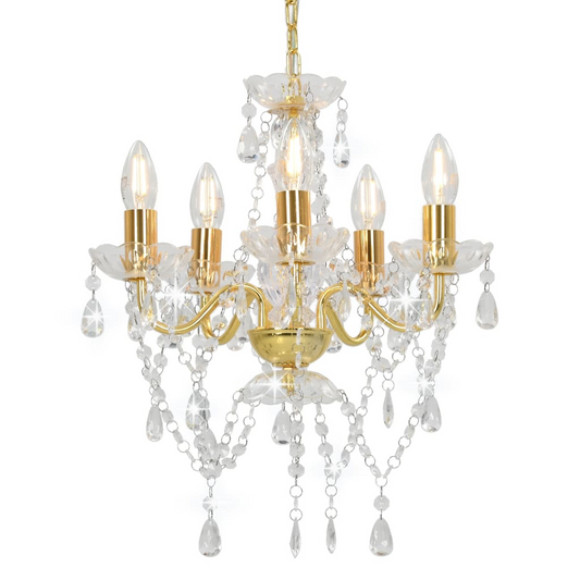 vidaXL Chandelier with Crystal Beads Golden Round 5 x E14