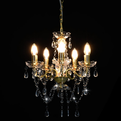 vidaXL Chandelier with Crystal Beads Golden Round 5 x E14