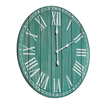 Wood Plank 23" Large Rustic Coastal Wall Clock, Dark Aqua Wash