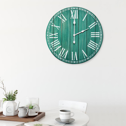 Wood Plank 23" Large Rustic Coastal Wall Clock, Dark Aqua Wash