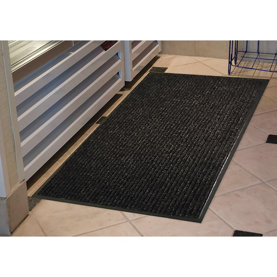 Genuine Joe Ribbed Indoor Wiper Mat - Warehouse, Indoor - 72" Length x 48" Width - Vinyl, Polypropylene - Charcoal - 1Each