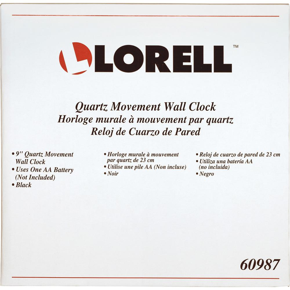 Lorell 9" Round Wall Clock - Analog - Quartz - White Main Dial - Black/Plastic Case