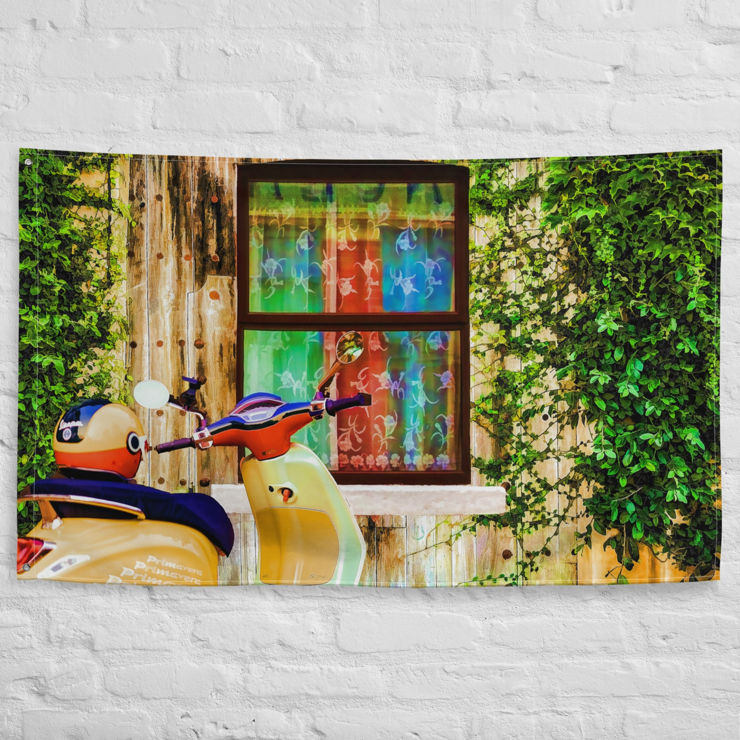 Vespa at Door Flag Tapestry wall hanging