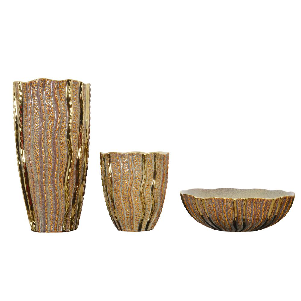 SET 3 Carmel Gold Vases and Bowl