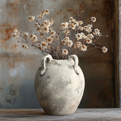 Rustic Gray and White Terracotta 10-Inch Round Vase with Handles