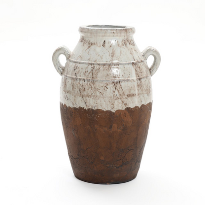 Rustic Cream and Brown Terracotta Urn with Handles 18.5-Inch Tall Vase