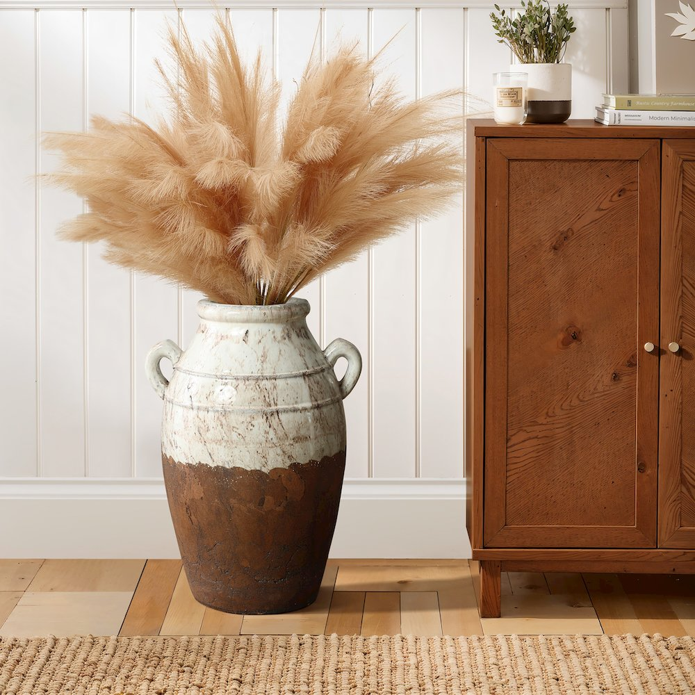 Rustic Cream and Brown Terracotta Urn with Handles 18.5-Inch Tall Vase