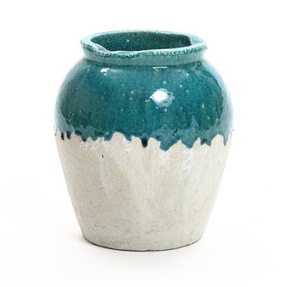 Green and White Stoneware 11.4-Inch Tall Indoor and Outdoor Jar Vase