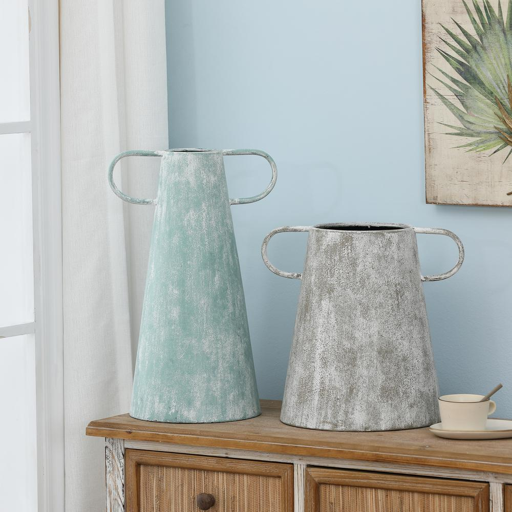 Set of 2 Farmhouse Blue and Gray Metal Vases