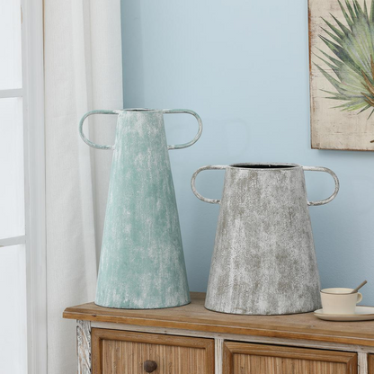 Set of 2 Farmhouse Blue and Gray Metal Vases