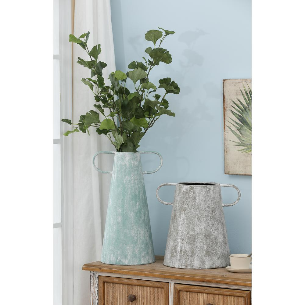 Set of 2 Farmhouse Blue and Gray Metal Vases